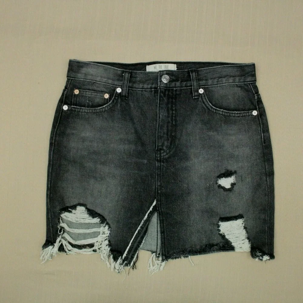 Free People We The Free Relaxed & Destroyed Skirt Women's Size 26 Black Denim